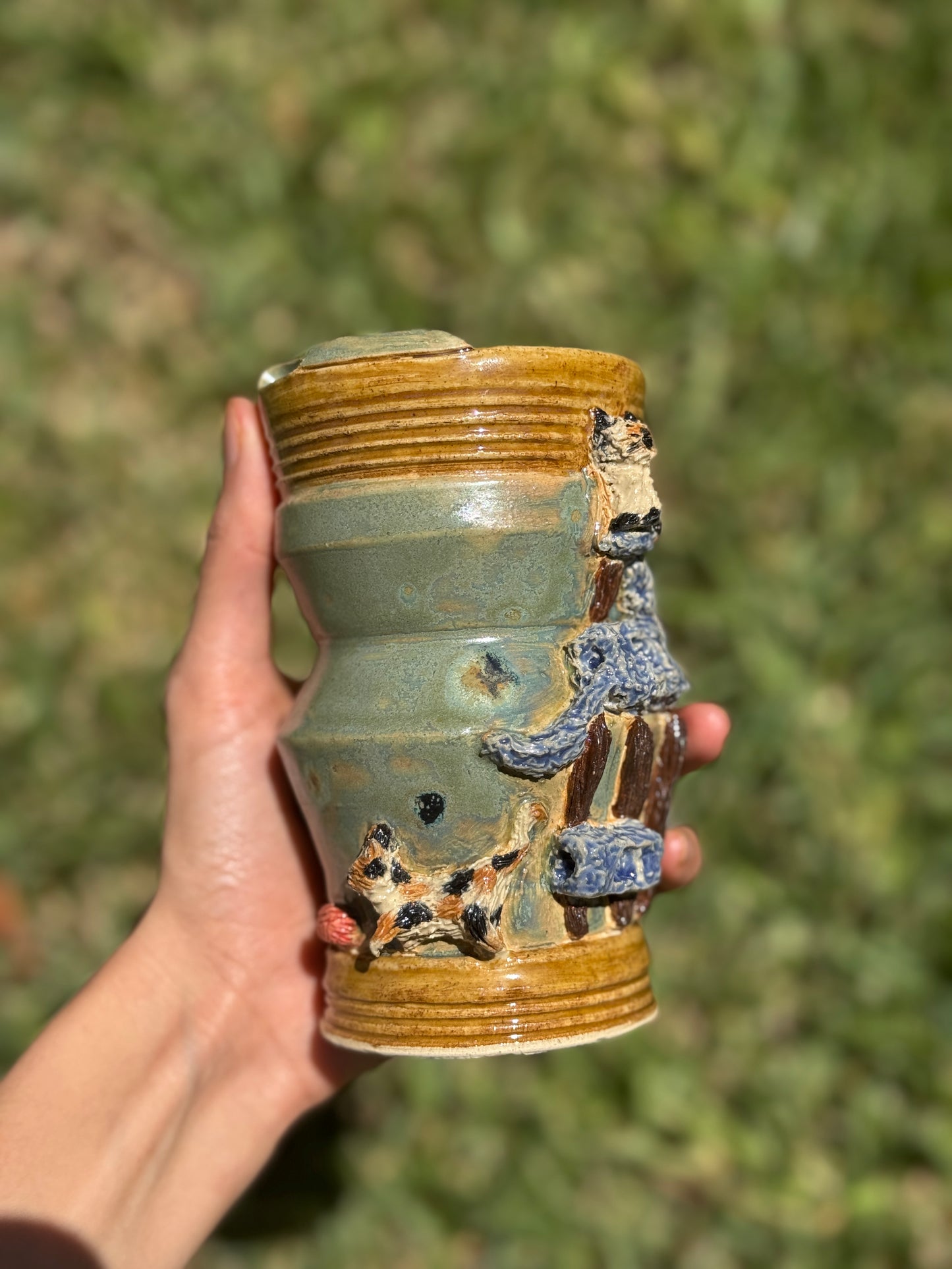 Siamese and Calico cat to go mug