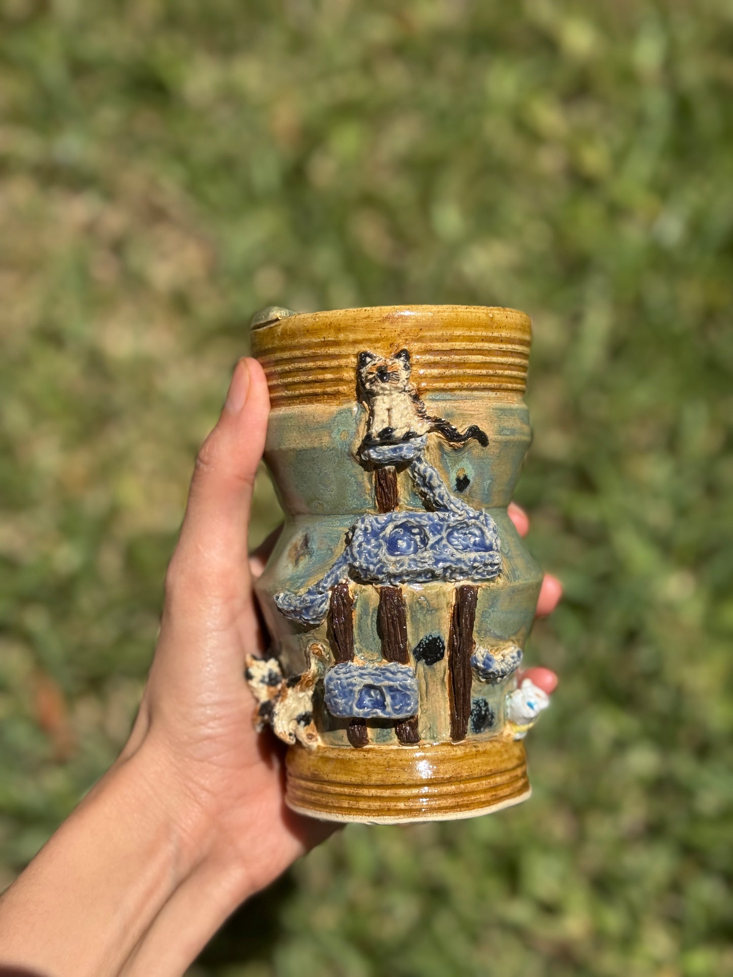 Siamese and Calico cat to go mug