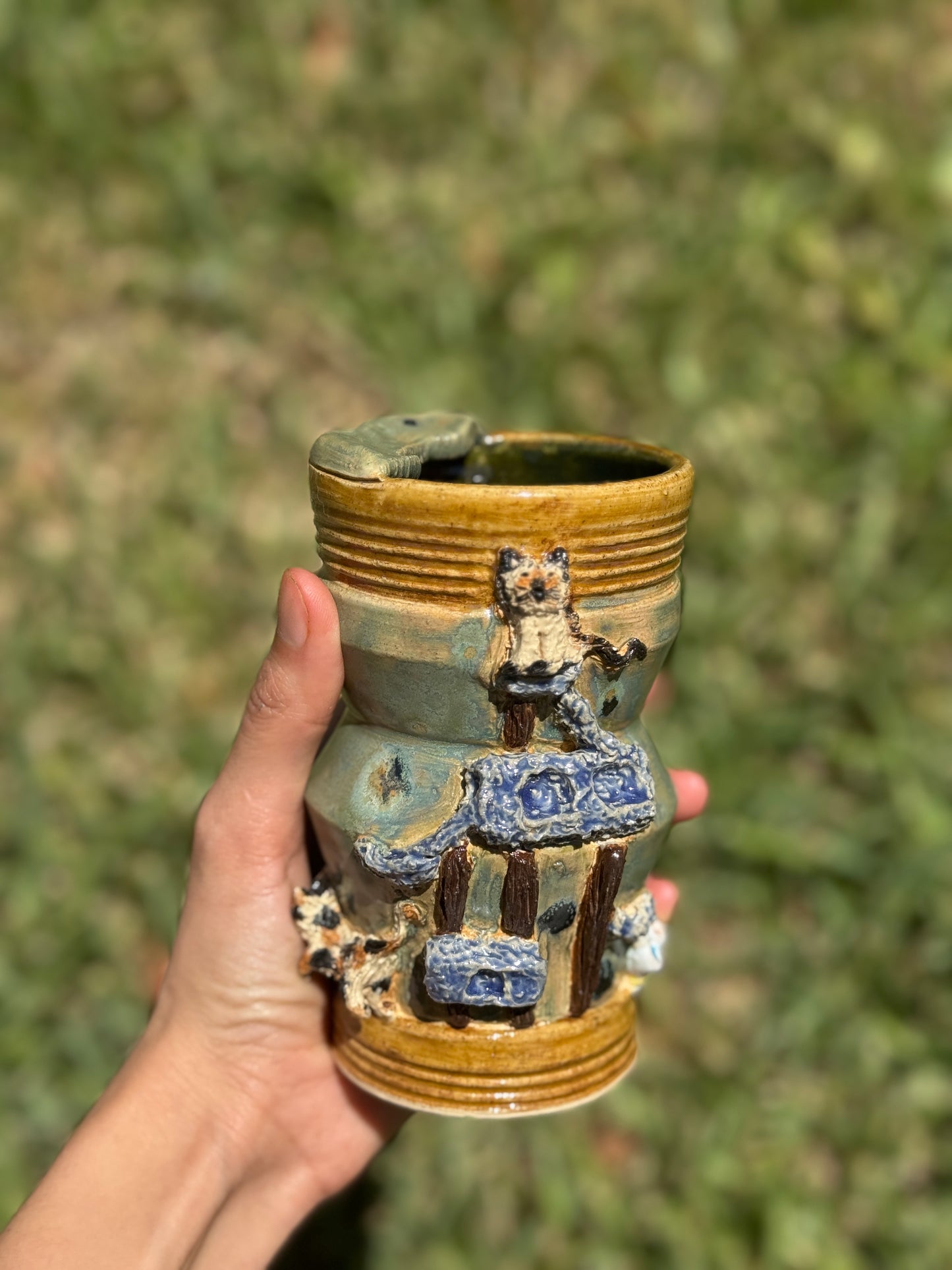 Siamese and Calico cat to go mug