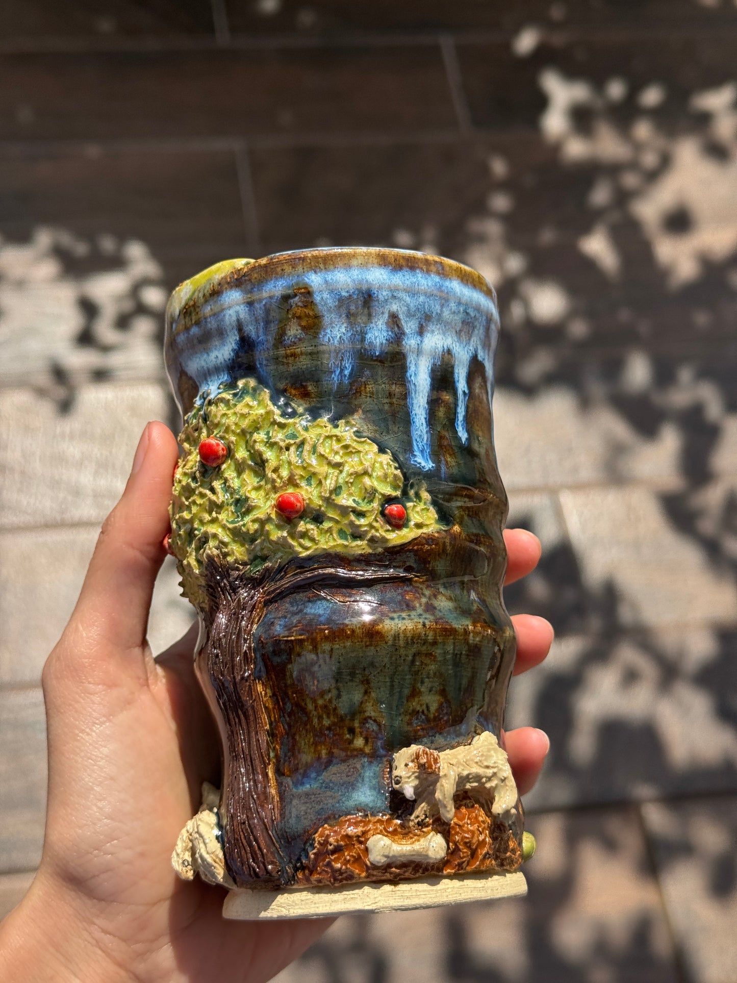 The dog by the apple tree